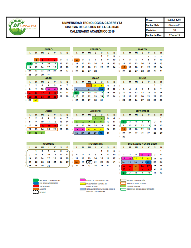 Universidad Tecnológica Cadereyta Calendario Escolar