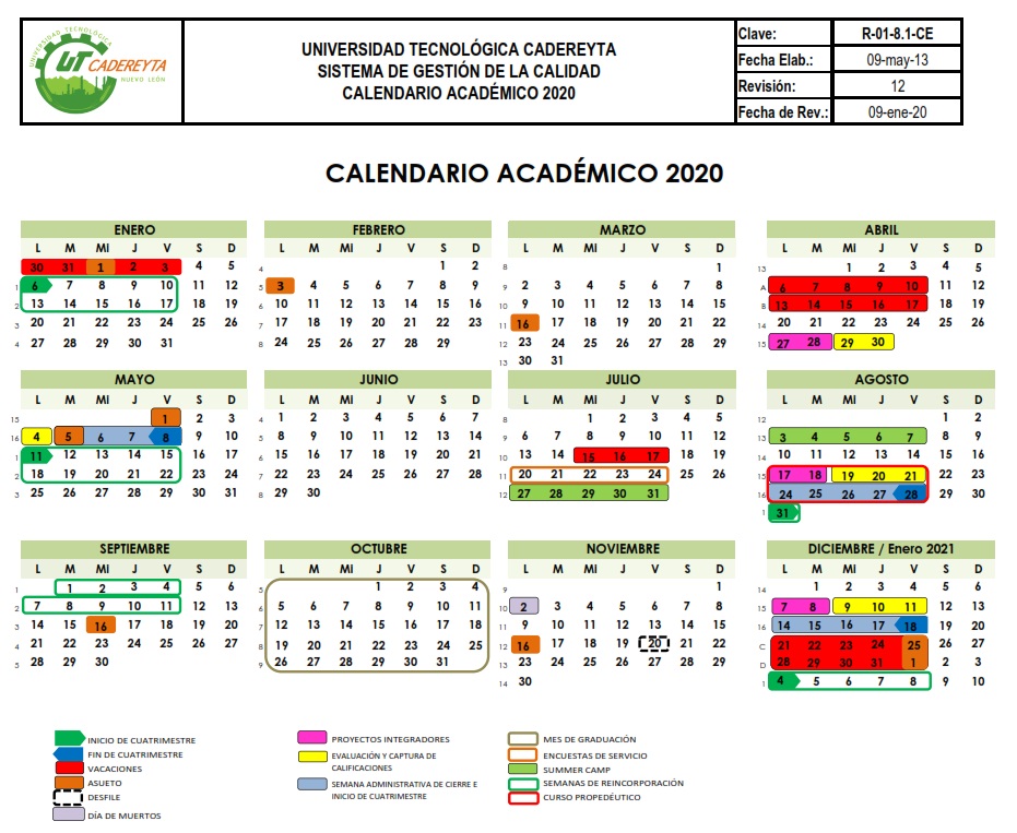 Universidad Tecnológica Cadereyta Calendario Escolar