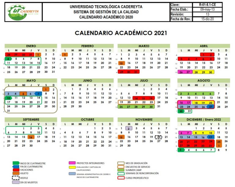 Universidad Tecnológica Cadereyta Calendario Escolar